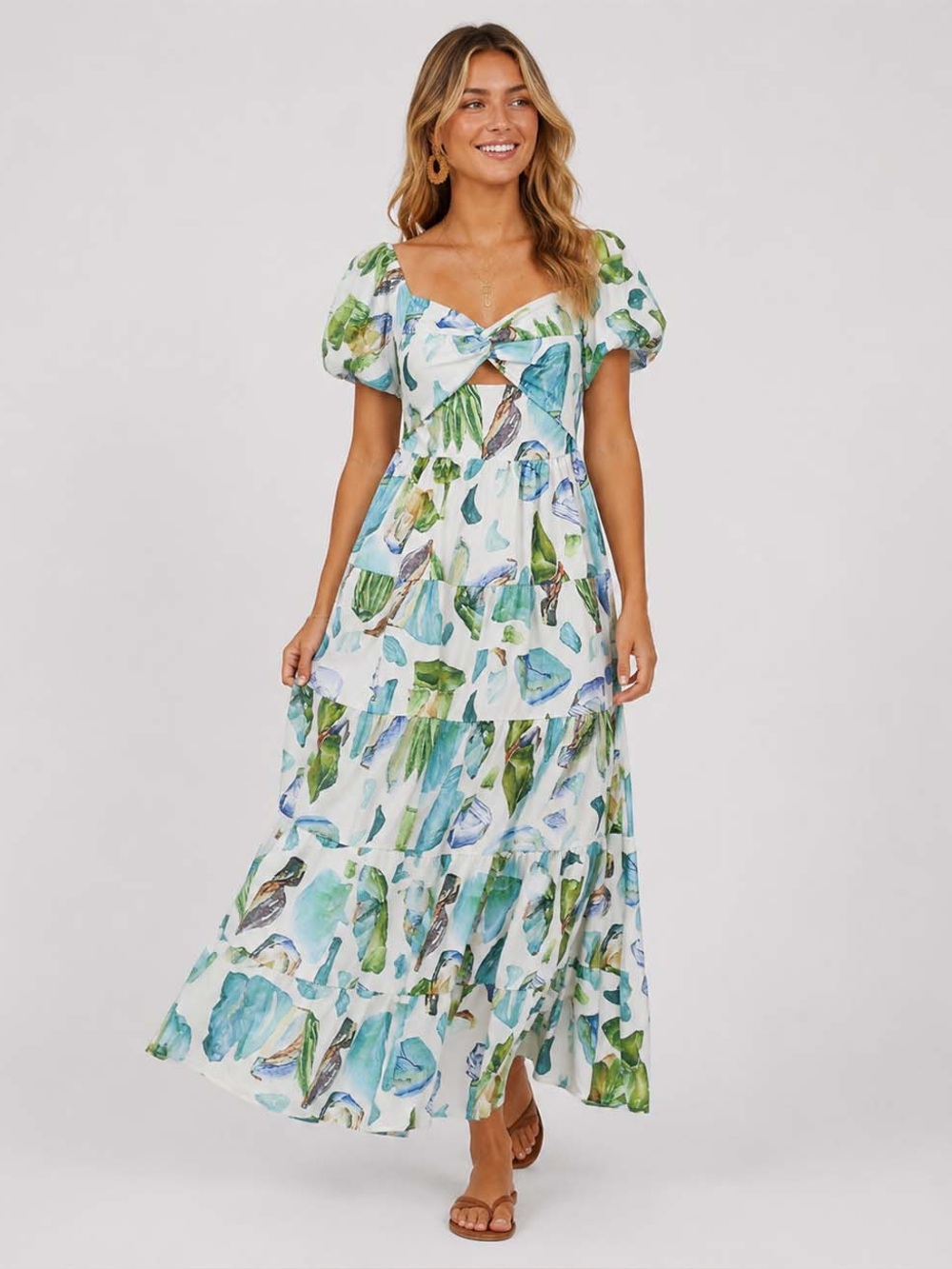Tie-Front Puff Sleeve Maxi Dress in Blue & Green Floral